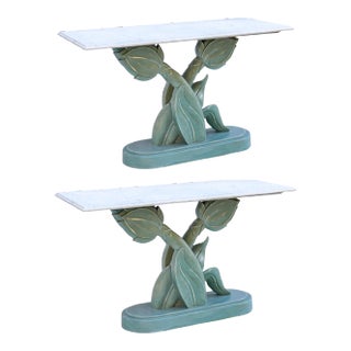 1970s Organic Modern Italian Hand Painted Tulip Form Marble Top Console Tables Att. To Casa Bique - Pair For Sale