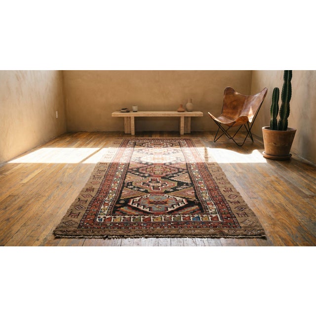 Brown 1880s Brown Geometric Tribal Antique Persian Kuridsh Rug 3'8" X 7'5" Handknotted Wool Carpet For Sale - Image 8 of 8