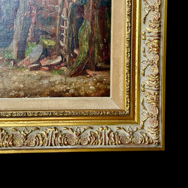 A European oil on canvas painting of a village scene. The medium is oil on canvas and the painting is matted and set in a...