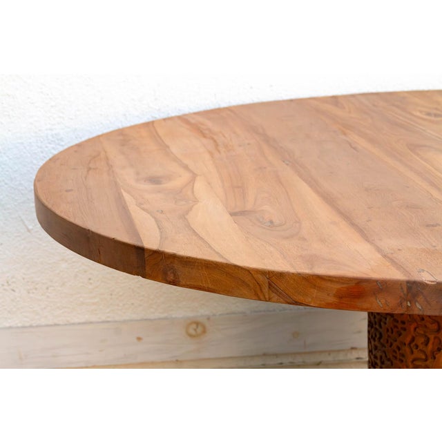 Contemporary 60" Dm Round Burma Teak Carved Pedestal Table For Sale - Image 3 of 12