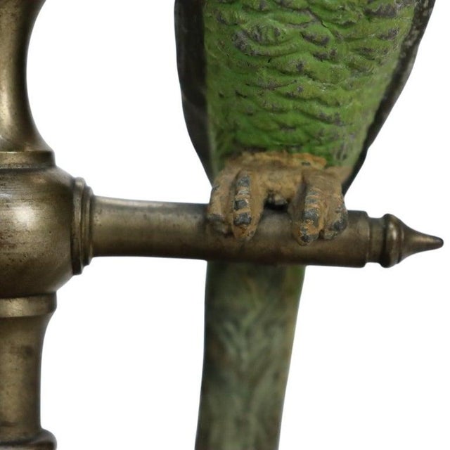 Metal Pair Antique Brass Candlesticks & Cold Painted Bergman Bronze Parrots C1920 For Sale - Image 7 of 11