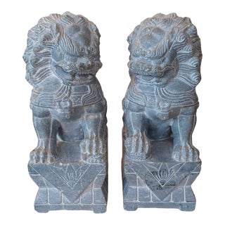 Vintage Pair of Stone Foo Dog Bookends For Sale