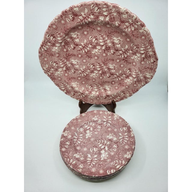 Mid-Century Modern Grindley of Stoke Royal Tudor Velvet Rose England Earthenware Dessert Service, 1980s, Set of 7 For Sale - Image 3 of 10