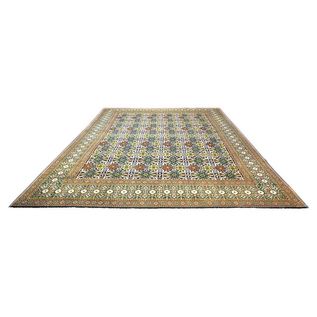 Antique Persian Tabriz Wool 10X14 Green, Yellow & Ivory Handmade Area Rug #9902346
