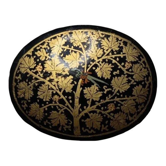 Mid 20th Century Hand Painted Kashmir Trinket Box, Black Lacquer With Gold Tree For Sale
