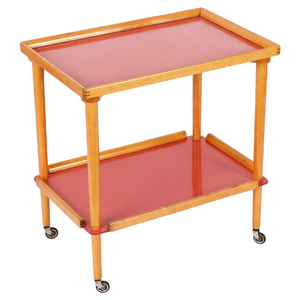 Mid-Century Italian Beech and Red Formica Two Tier Bar Cart, 1960s