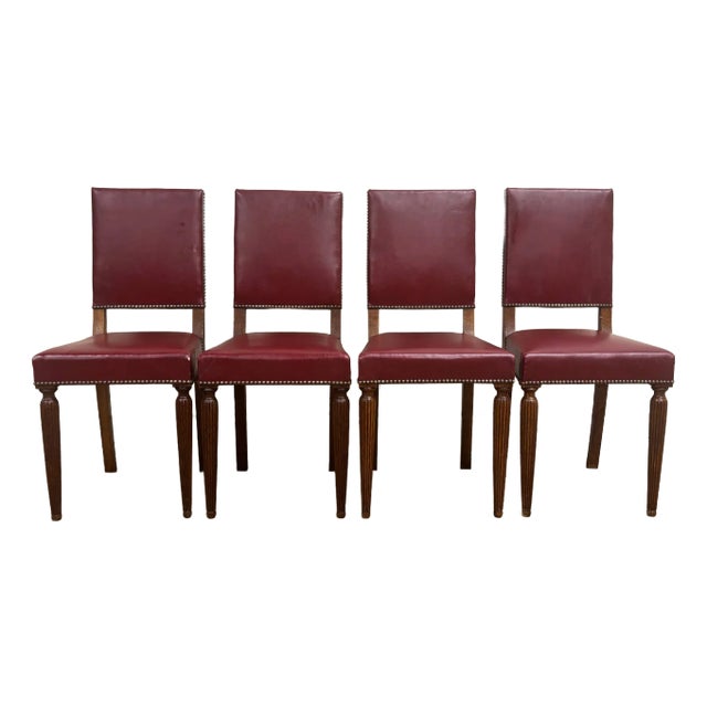 Vintage Art Deco Style Leather Dining Side Chairs - Set of 4 For Sale