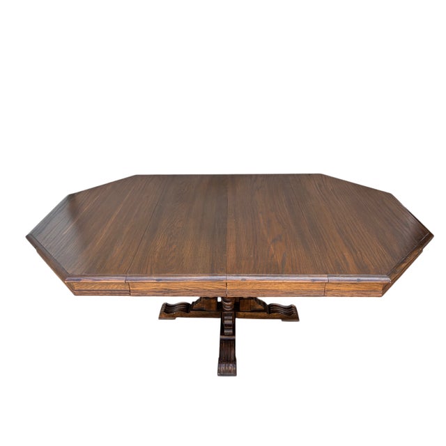 1980s Ethan Allan Charter Oak Jacobean Dining Room Pedestal Table For Sale - Image 9 of 14