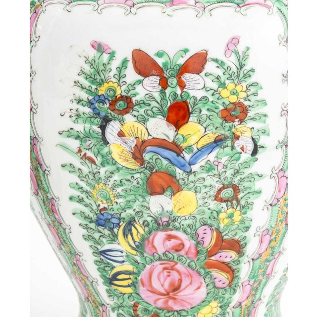 Pair of Vintage Asian Floral Painted Porcelain Covered Urns For Sale - Image 4 of 11