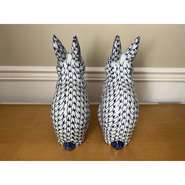 Late 20th Century Large Herend-Style Fishnet Bunny Rabbit Figurines Blue Hand Painted, a Pair For Sale - Image 6 of 9