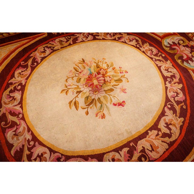 1850s Antique Ivory Neoclassical Floral Aubusson Flatwoven Wool Square Tapestry For Sale - Image 4 of 8