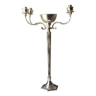 Vintage Church Altar Holy Water Font & Candelabra, 33 3/4”t., Silver Plate, 11 Lb For Sale