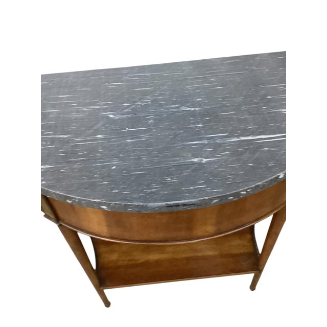 1950s Pair of Louis XVI Style Marble Top Mahogany Brass Mounted Demi-Lune Consoles For Sale - Image 5 of 11