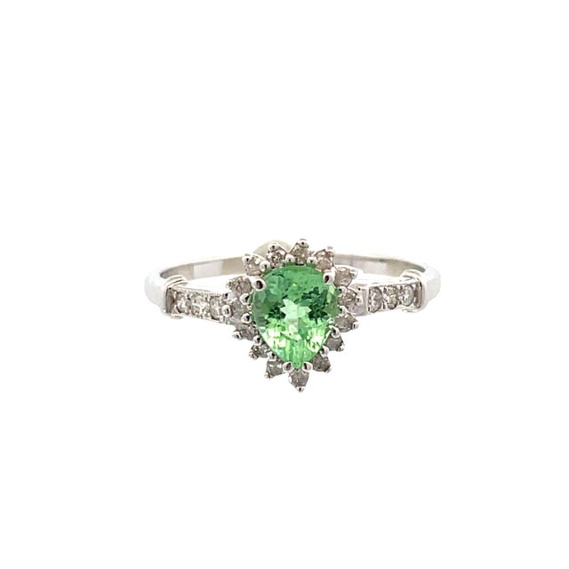 Green 14k White Gold Green Paraiba Tourmaline & Diamond Pear Halo Ring, Size 7 For Sale - Image 8 of 11