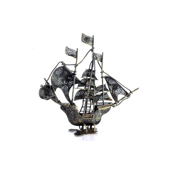 Silver Filigree Caravel with Flags and Maltese Crosses Sails For Sale - Image 4 of 9