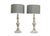 Oversized carved wooden finial lamps with classical decoration and grey drum shades. Painted to look like stone finials...