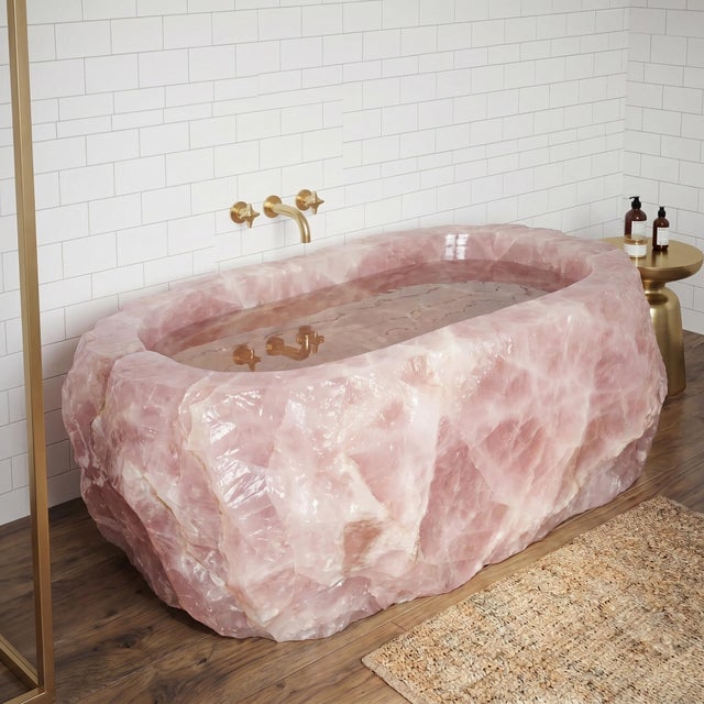 Gemstone Luxury Natural Rose Quartz Freestanding Bathtub, Handcrafted Pink Crystal Stone Soaking Tub For Sale - Image 7 of 9