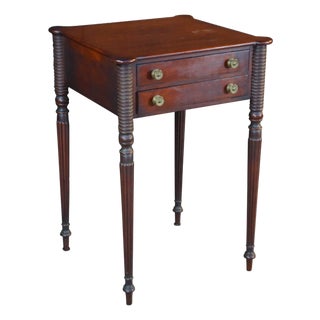 Antique Early 19th C. American Federal Mahogany Carved Work Table Nightstand For Sale