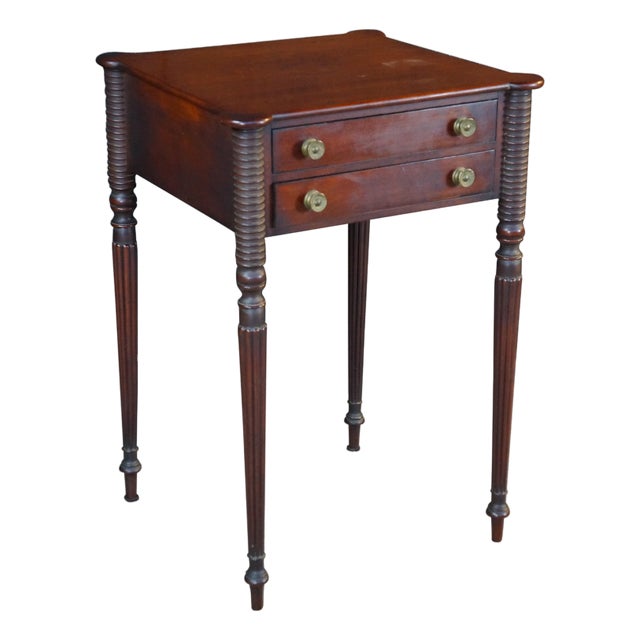 Antique Early 19th C. American Federal Mahogany Carved Work Table Nightstand For Sale
