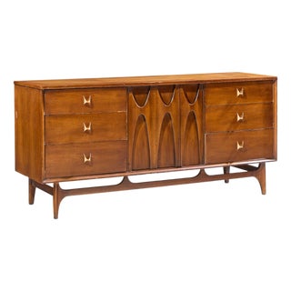 Broyhill Brasilia Mid Century Walnut and Brass Lowboy Dresser For Sale