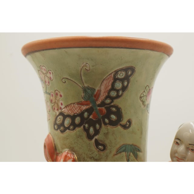Green Vintage Chinese Familia Rose Seven Boys Fertility Vase For Sale - Image 8 of 9
