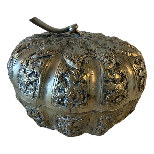 Large Antique Cambodian Silver-Plated Pumpkin Box, Mid-20th Century For Sale