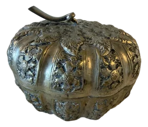 Large Antique Cambodian Silver-Plated Pumpkin Box, Mid-20th Century