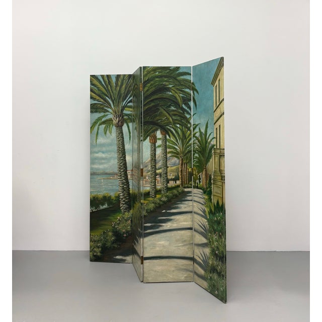 Mid 20th Century Vintage Coastal Hand-Painted Four-Panel Folding Screen For Sale - Image 5 of 7