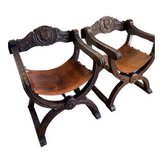 Vintage Savonarola Chairs – Carved Wood & Leather Sling Seats (Pair) For Sale