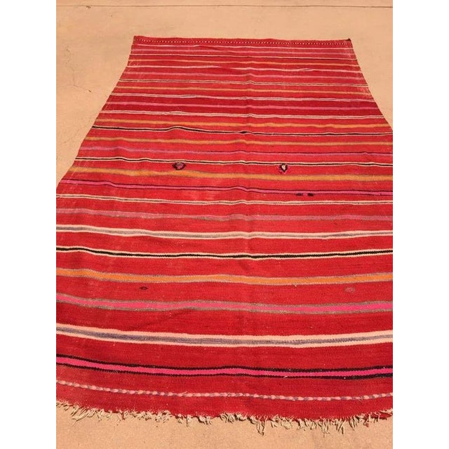 Vintage Moroccan Berber Kilim Rug in Burgundy, Pink and Orange Stripes 1960s For Sale - Image 4 of 12
