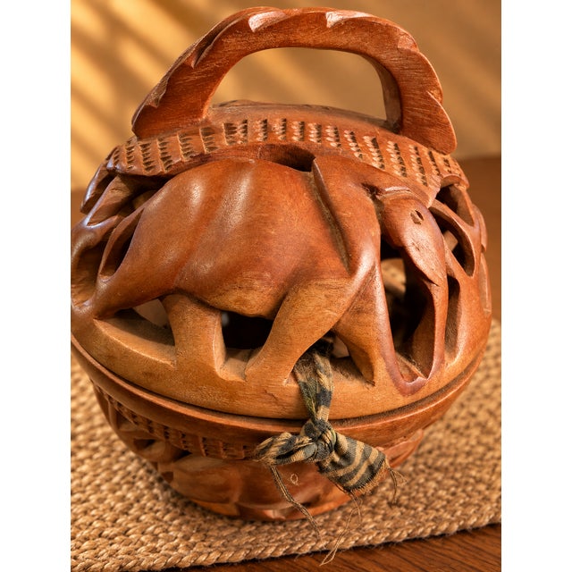 1970s Hand-Carved Openwork Wood Safari Animal Basket Sculpture For Sale - Image 6 of 11