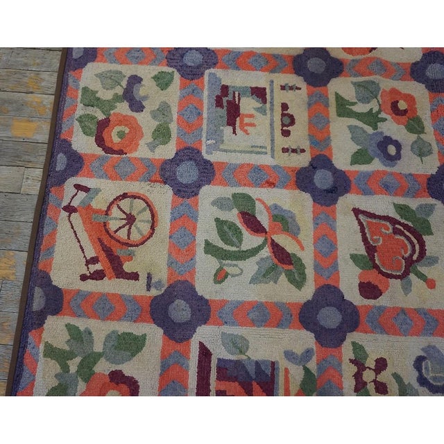 1930s 1930s Small Multicolor Geometric Roses Folk Art Antique American Hooked Wool Rug For Sale - Image 5 of 11