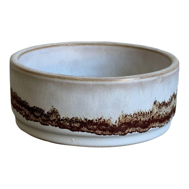 Ceramic Small Bowl White Glaze Brown Textured Drip Band Mid-Century Modern 1970s For Sale