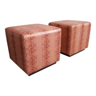 Modern Faux Snake Skin Cube Ottomans, Pair For Sale