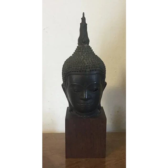 19th Century Antique Bronze Bust of Buddha Mounted on a Wood Stand For Sale - Image 5 of 13