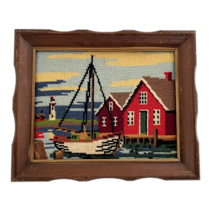 Vintage Nautical Needlepoint Harbor Scene-- Mid-Century Framed Needlework