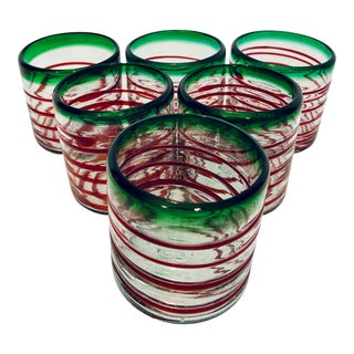 Holiday Red and Green Swirl Hand-Blown Mexican Cocktail Glass Tumblers, Bar Set of 6 For Sale