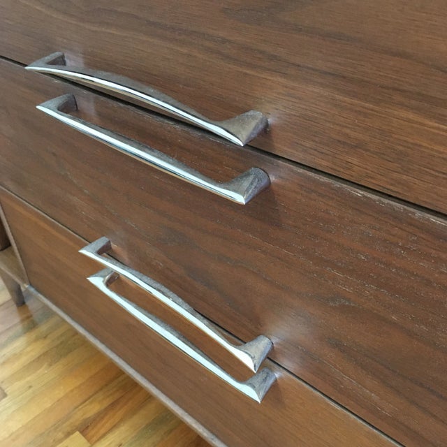 Wood Walnut Credenza Inverted Boomerang Top and Original Cadillac Chrome Pulls For Sale - Image 7 of 12