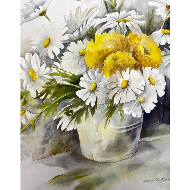 1980s watercolor by DC area / and later Missouri artist Natalie R. Fleming. Still life of daisies and yellow flowers...
