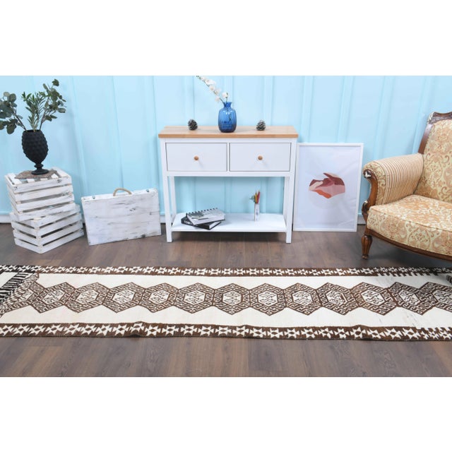 Boho Chic Vintage Turkish Hand-Knotted Wool Cotton White Runner Rug For Sale - Image 3 of 9