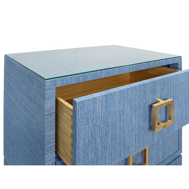 Metal Matthew Izzo Home - Cole Blue Textured Linen Two Drawer Side Table With Satin Brass Hardware For Sale - Image 7 of 8