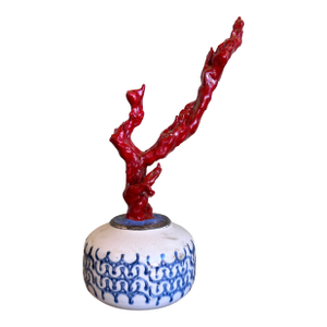 Faux Red Coral Specimen in Blue & White Floral Small Vase in Chinoiserie Chic Style