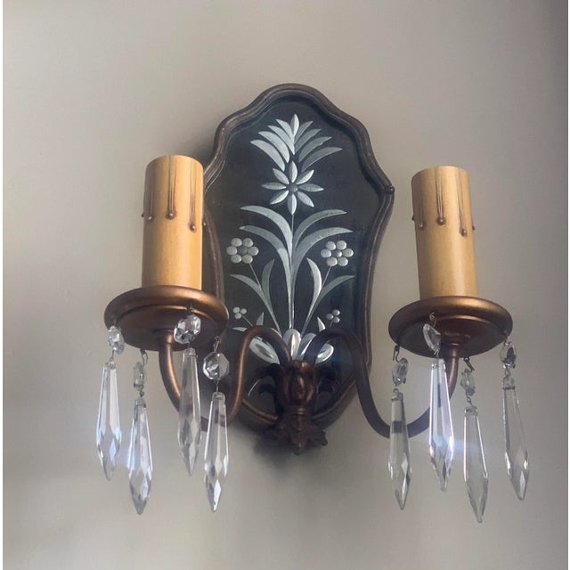 Metal 1910s Etched Mirror and Crystal Brass Sconces With Paint - a Pair For Sale - Image 7 of 10