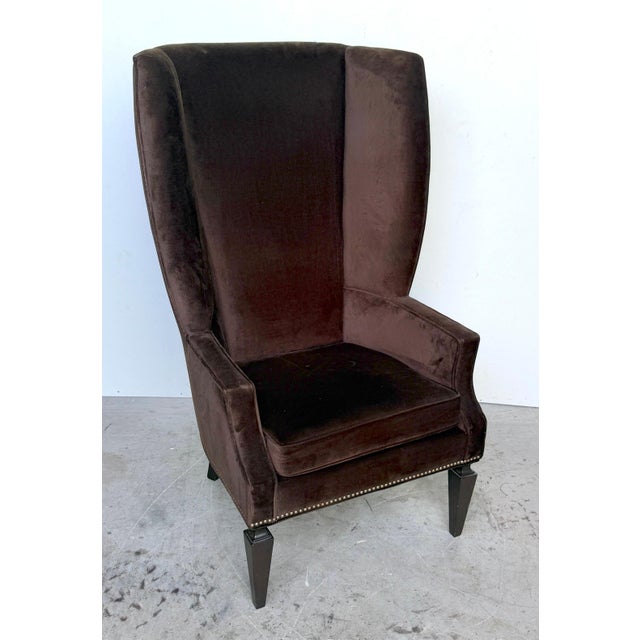Pair Custom Mogul Los Angeles Espresso-Brown Velvet High-Back Wing Chairs For Sale - Image 4 of 16