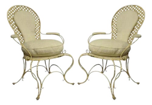 Vintage French Country Wrought Iron Lattice Scrolling Arm Chairs