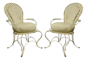 Vintage French Country Wrought Iron Lattice Scrolling Arm Chairs - A Pair