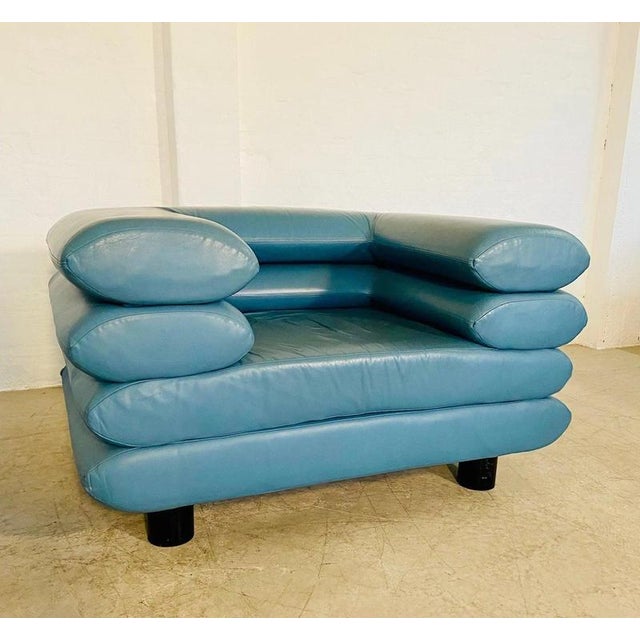 1980s Vintage Postmodern Swedish Turquoise Leather Stacked Lounge Chair, 1980 For Sale - Image 5 of 18