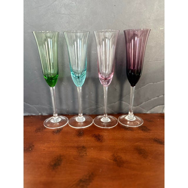 Modern Vintage Hand-Blown Art Glass Champagne Flutes – Set of 4– Jewel Tone Stemware – Green Aqua Pink Amethyst For Sale - Image 3 of 10