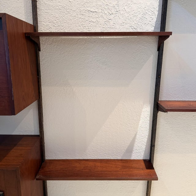 Vintage 1960s Mid Century Modern Walnut Wall Unit, Custom Modular Shelving Brutalist Iron Accents For Sale - Image 4 of 10