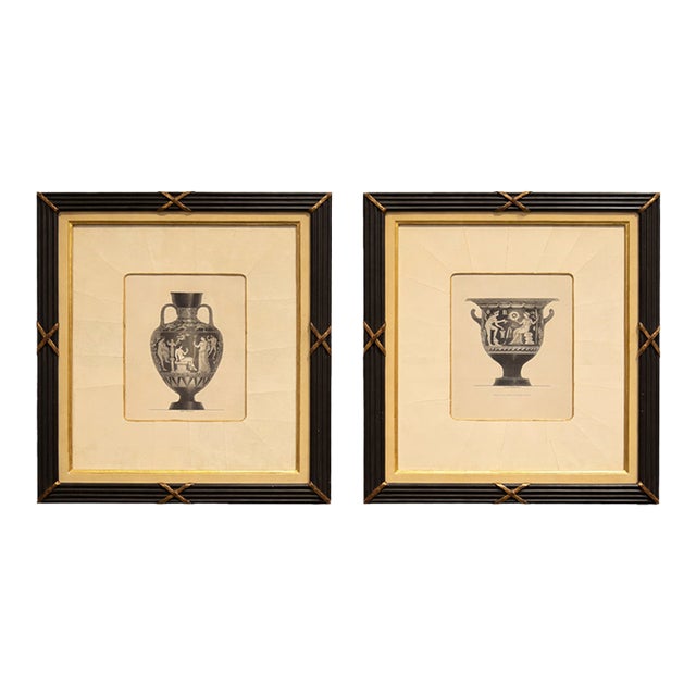Pair of Neoclassical Engravings of Greek Vases in Custom Black & Gilt Frames For Sale